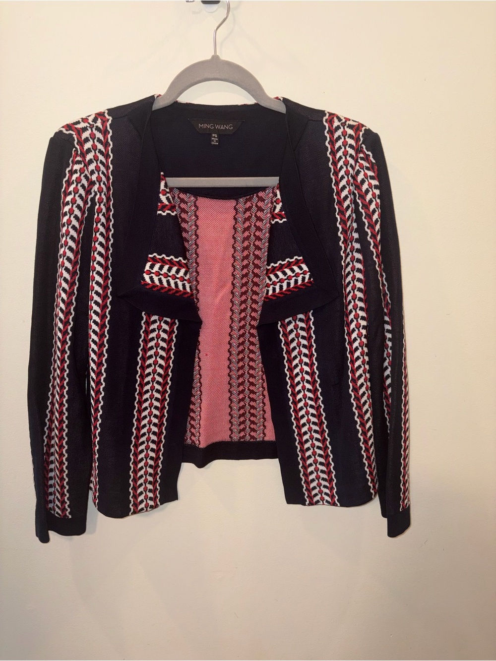 Ming Wang Black, Red & White Knit Open-Front Blazer